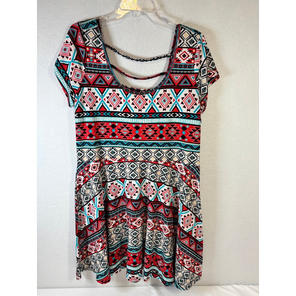 Bobbie Brooks Plus Size 1X Skater Dress Tribal Geometric Print Strappy Back Red